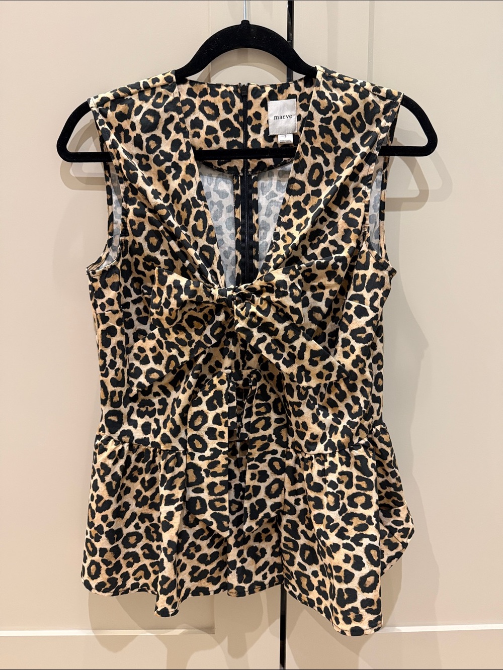 Maeve Leopard Print Tie-Front Peplum Sleeveless Top - Tan & Black